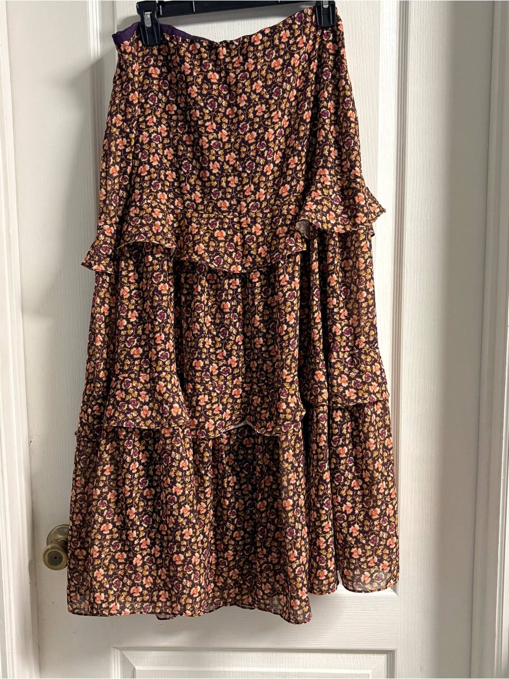 J. McLaughlin Brown Floral Tiered Maxi Skirt with Pink Accents